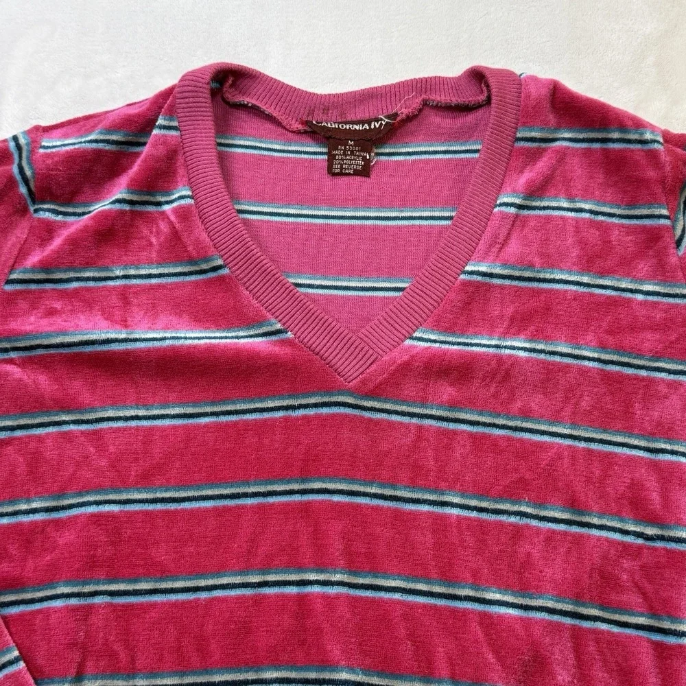 Vintage 70s California Ivy Velour Striped V Neck‎ Sweater Pink Medium
